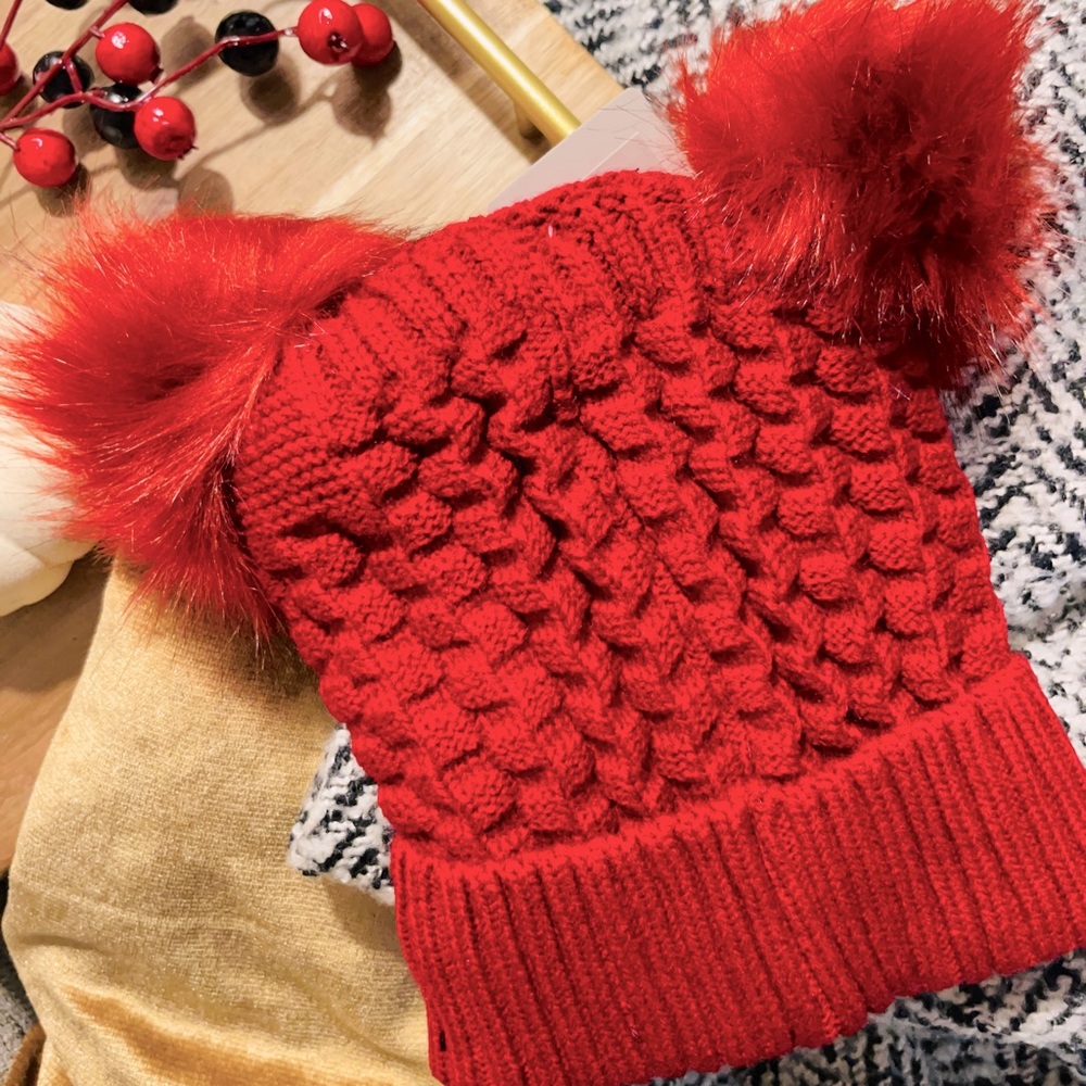 Crimson Red Beanie “two pompons”